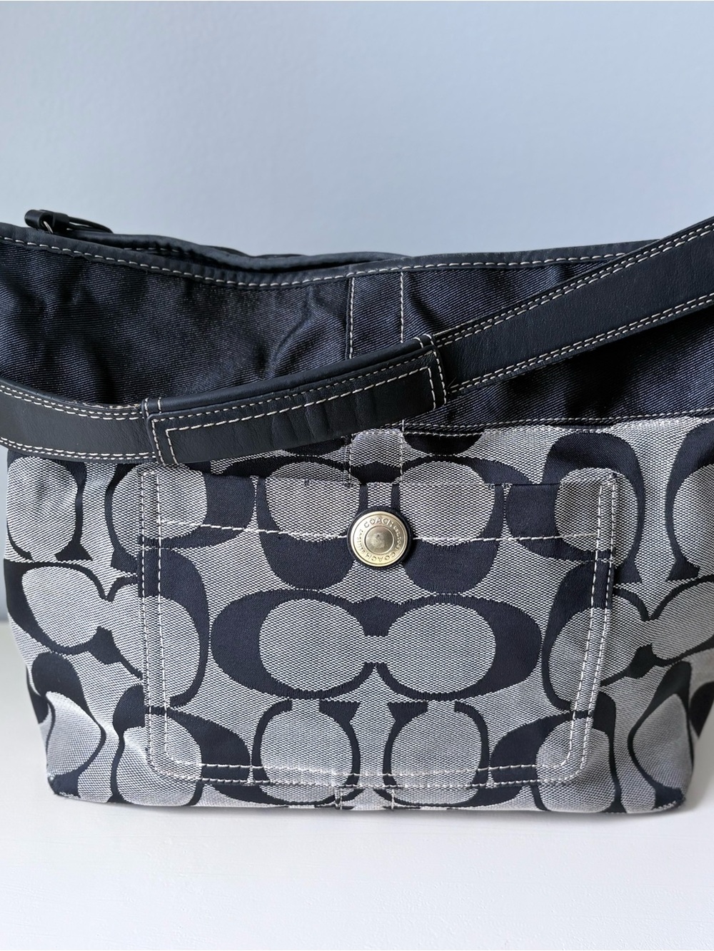 Coach Black and Gray Signature Canvas Shoulder Bag